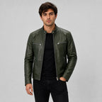 Men Green Genuine Leather Motorcycle Jacket – Slim Fit Biker Design