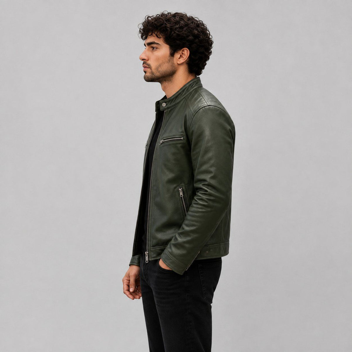 Men Green Genuine Leather Motorcycle Jacket – Slim Fit Biker Design