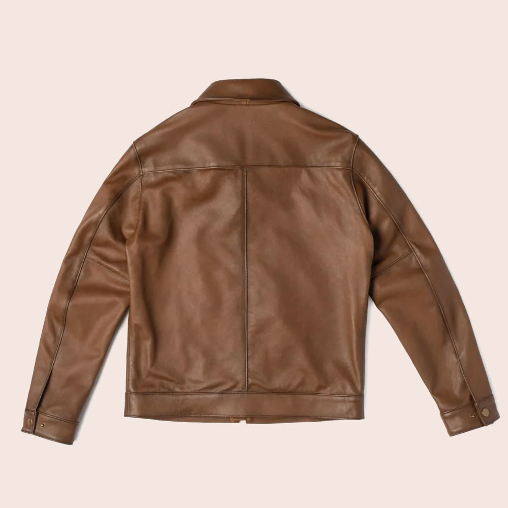 Men’s Point Collar Classic Brown Leather Jacket