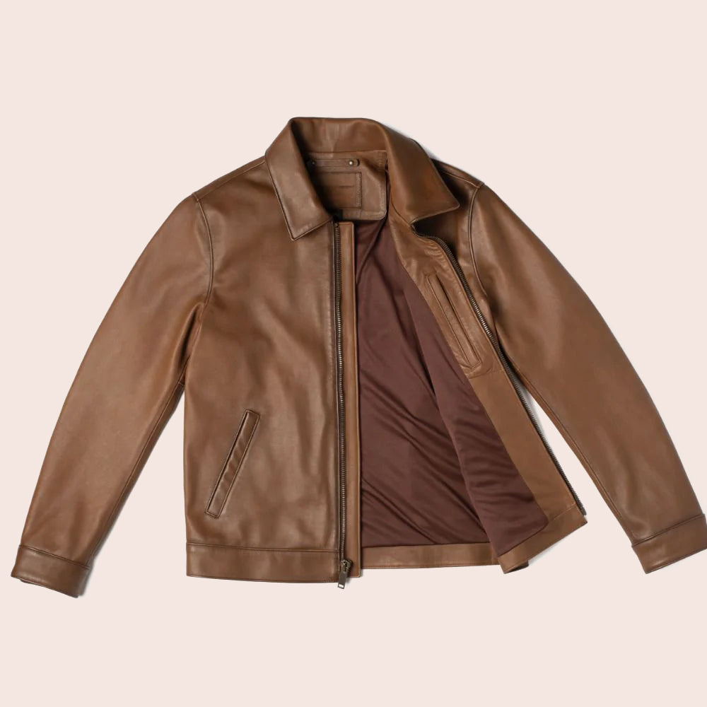Men’s Point Collar Classic Brown Leather Jacket