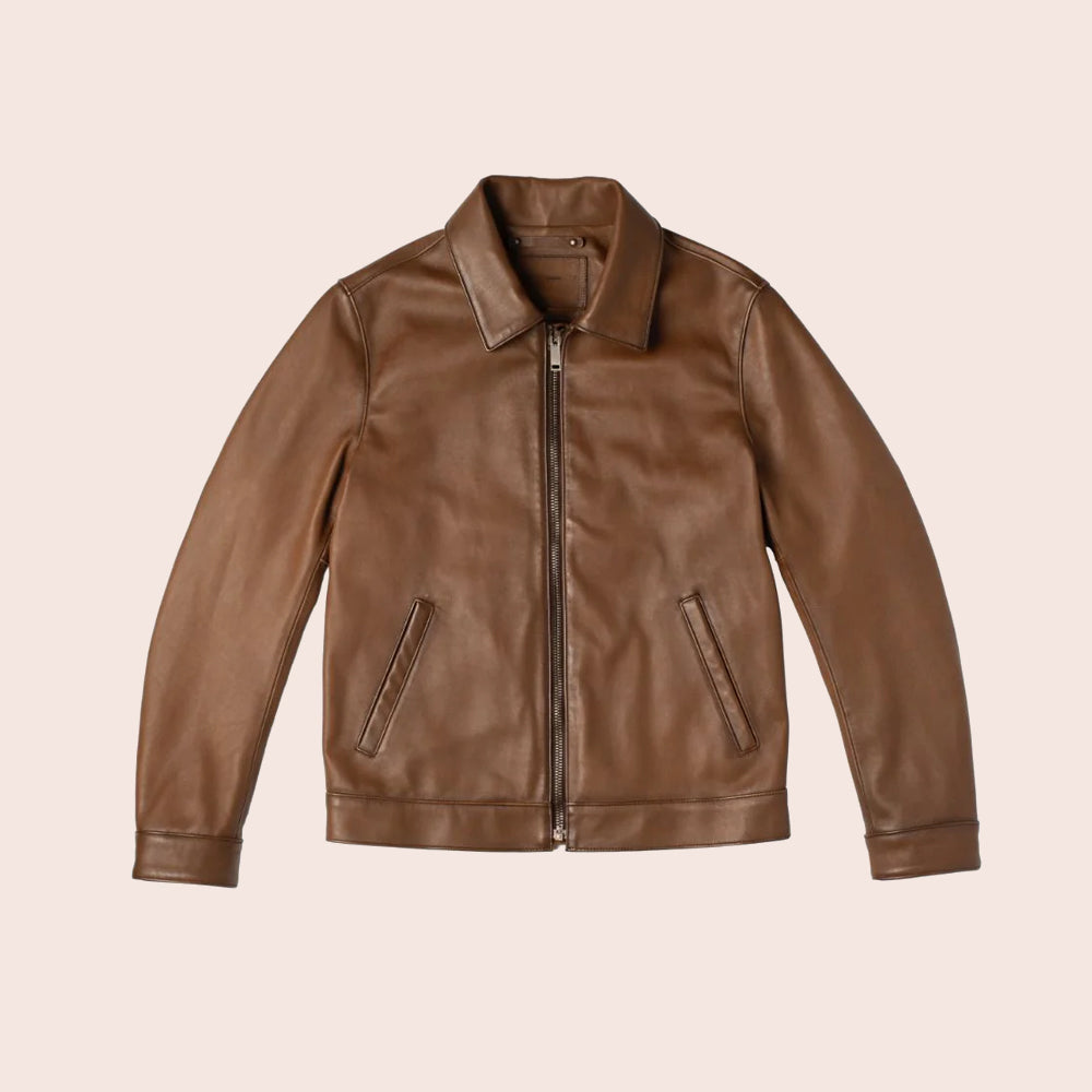 Men’s Point Collar Classic Brown Leather Jacket