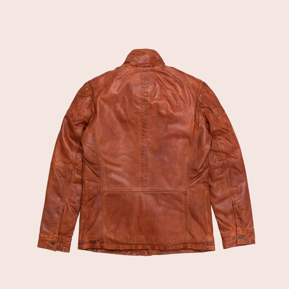 Men Genuine Sheepskin Brown Leather Field Jacket