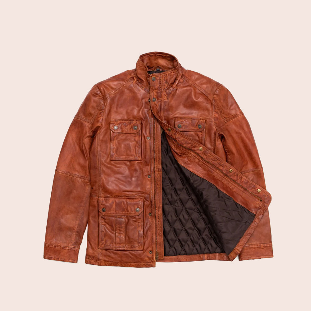 Men Genuine Sheepskin Brown Leather Field Jacket