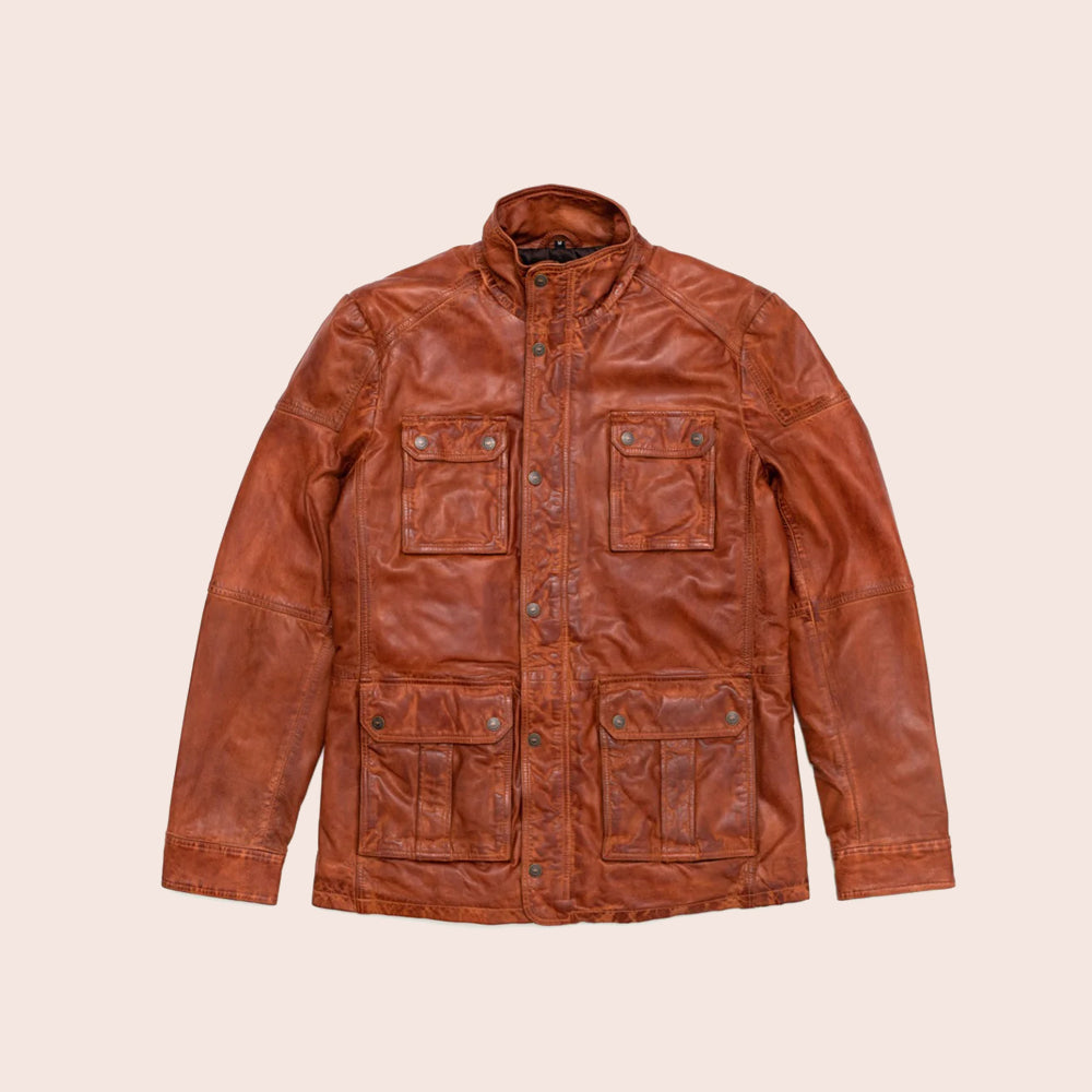 Men Genuine Sheepskin Brown Leather Field Jacket