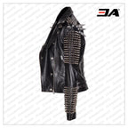 Men Silver Studded Long Spiked Jacket Leather Black Rock Punk Style Jacket