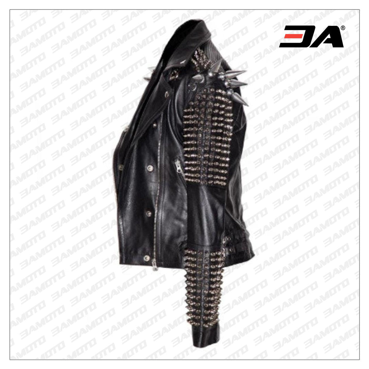 Men Silver Studded Long Spiked Jacket Leather Black Rock Punk Style Jacket