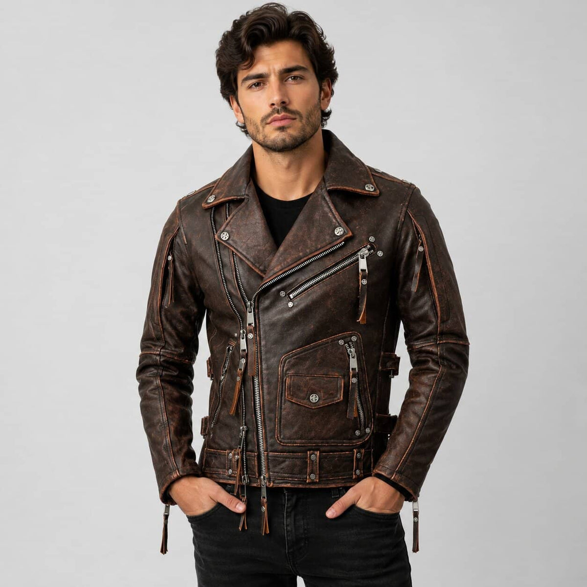 Men Vintage Genuine Cowhide Leather Cafe Racer Jacket With Bomber Biker Style