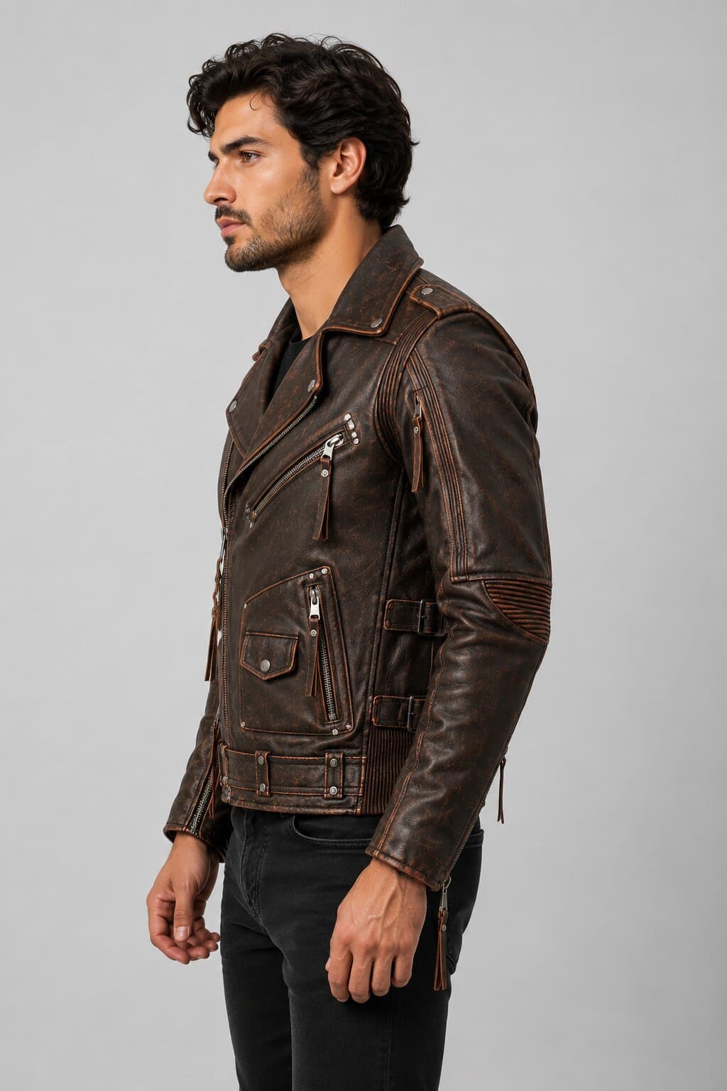 Men Vintage Genuine Cowhide Leather Cafe Racer Jacket With Bomber Biker Style