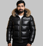 Men Black Leather Puffer Jacket Fur Hood