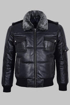 Men Black Leather Shearling Collar Puffer Jacket