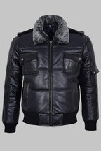 Men Black Leather Shearling Collar Puffer Jacket