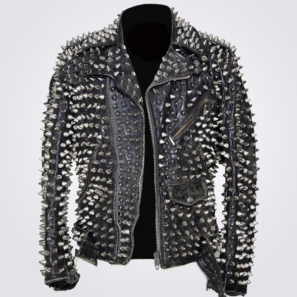 Men’s Black Punk Metal Motorcycle Leather Jacket – Avanzar Leather