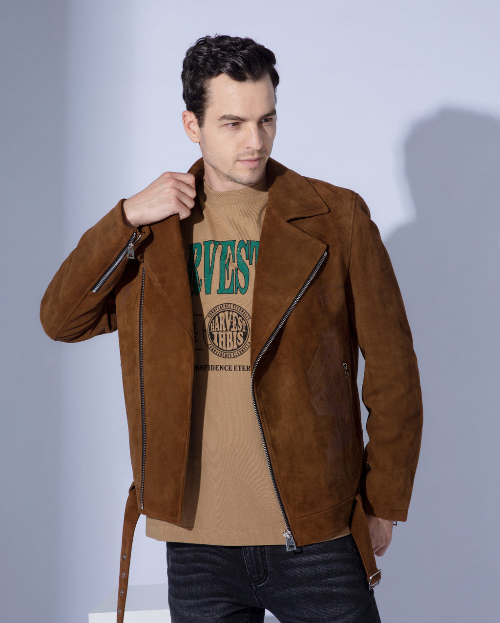 Men's Brown Suede Leather Jacket Biker Motorcycle Rider
