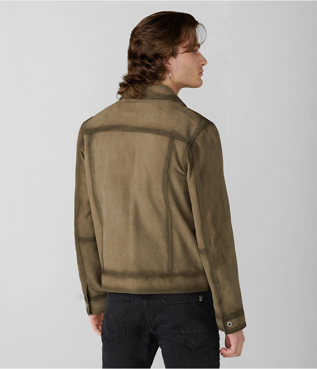 Men's Olive Green Suede Leather Trucker Jacket by Avanzar