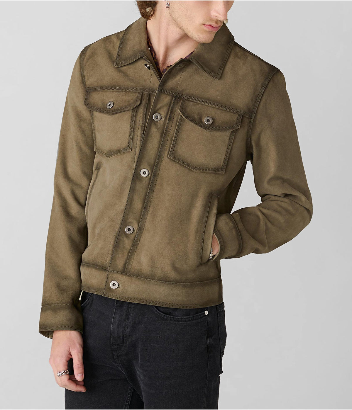 Men's Olive Green Suede Leather Trucker Jacket by Avanzar