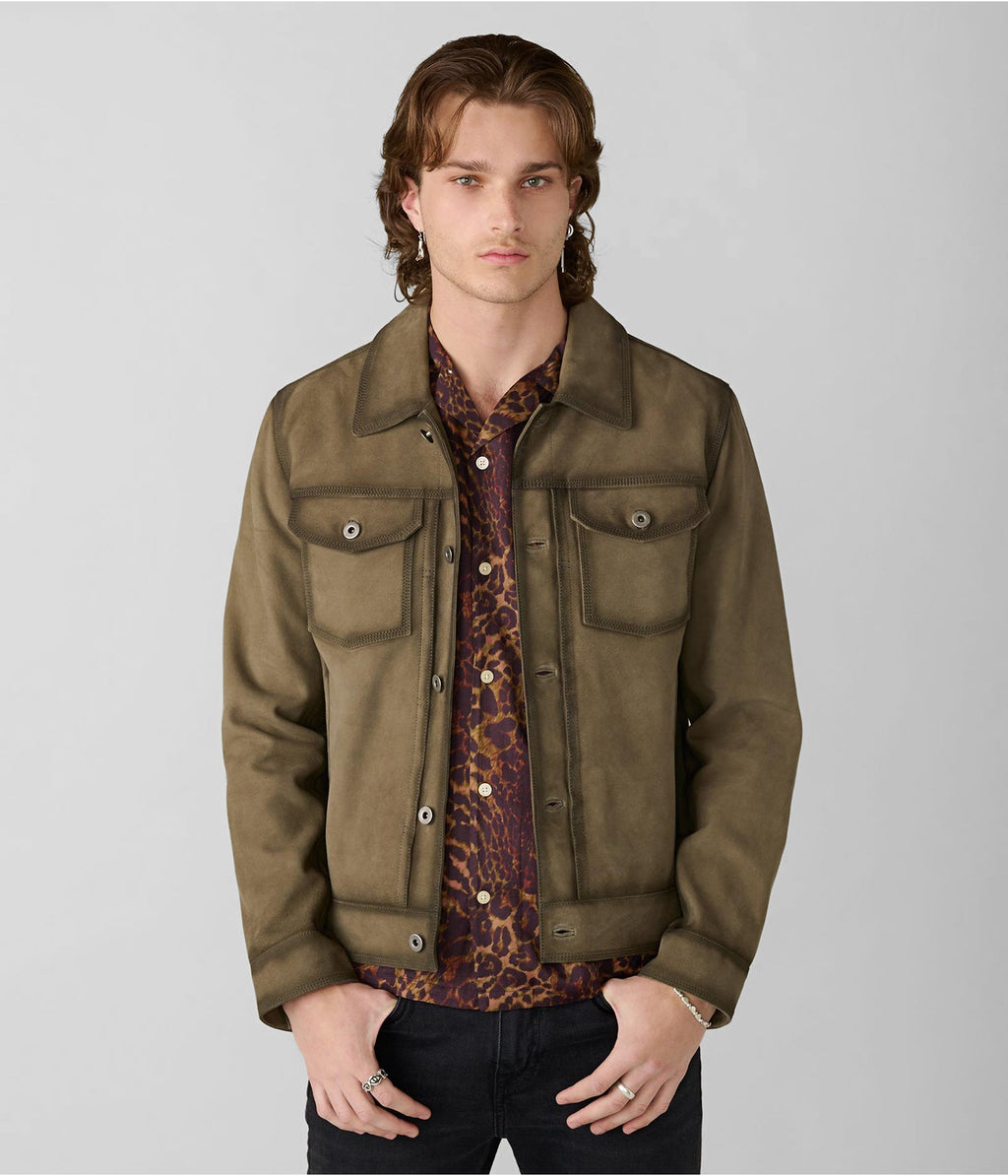 Men's Olive Green Suede Leather Trucker Jacket by Avanzar