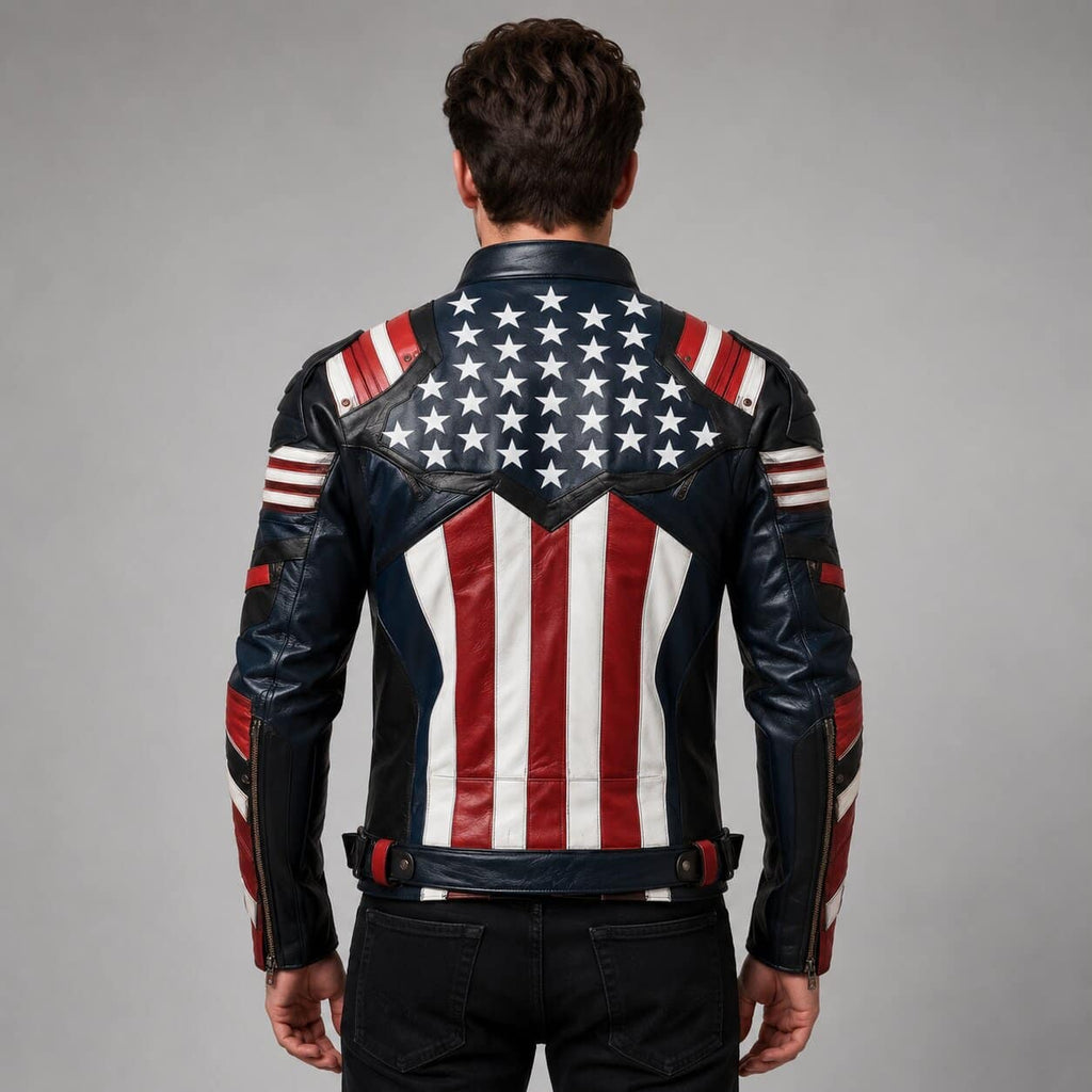 Men’s American Flag Genuine Leather Motorcycle Jacket USA Biker Style
