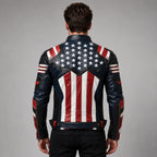 Men’s American Flag Genuine Leather Motorcycle Jacket USA Biker Style