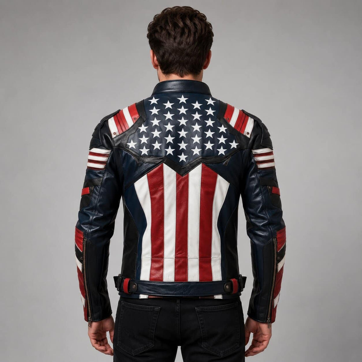 Men’s American Flag Genuine Leather Motorcycle Jacket USA Biker Style