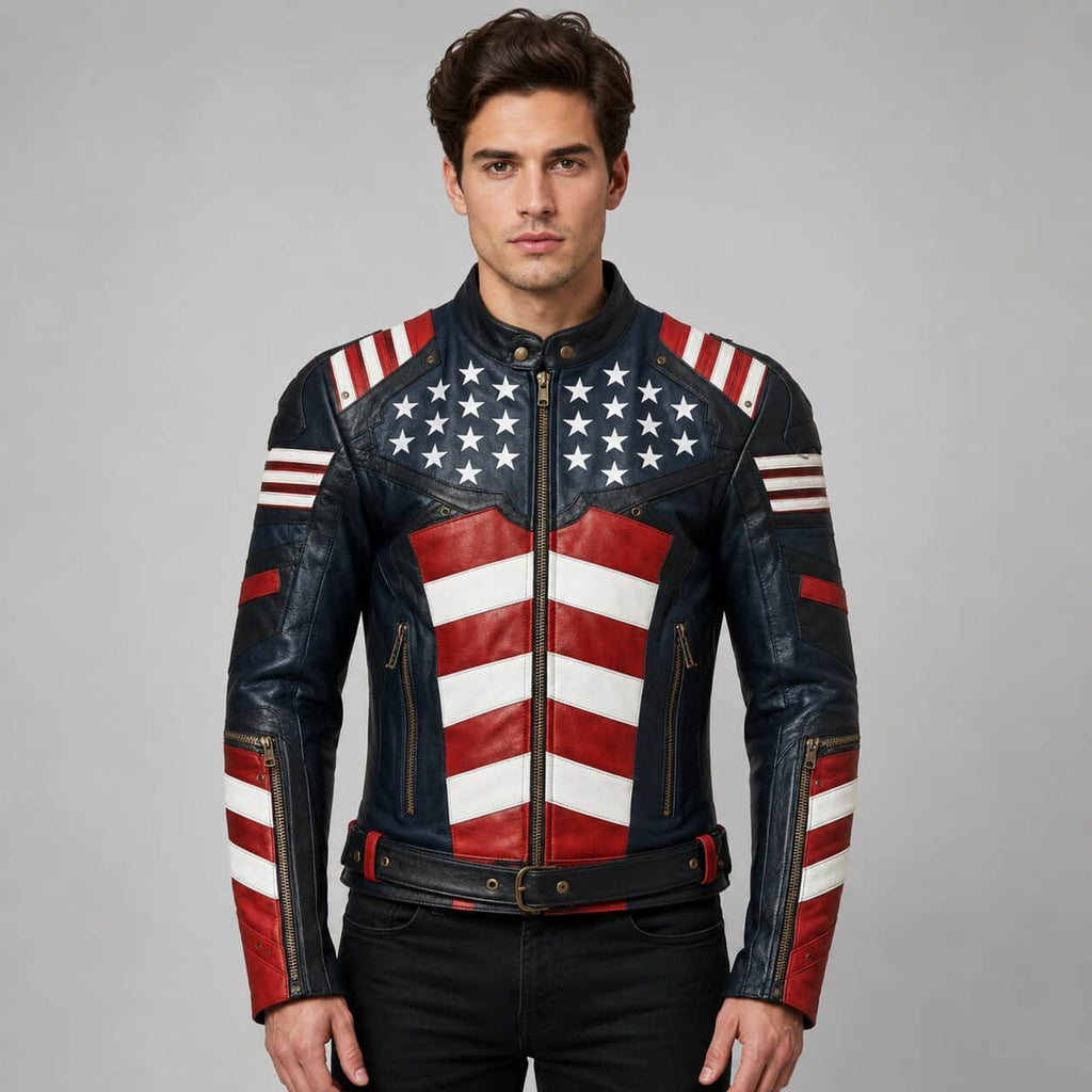 Men’s American Flag Genuine Leather Motorcycle Jacket USA Biker Style