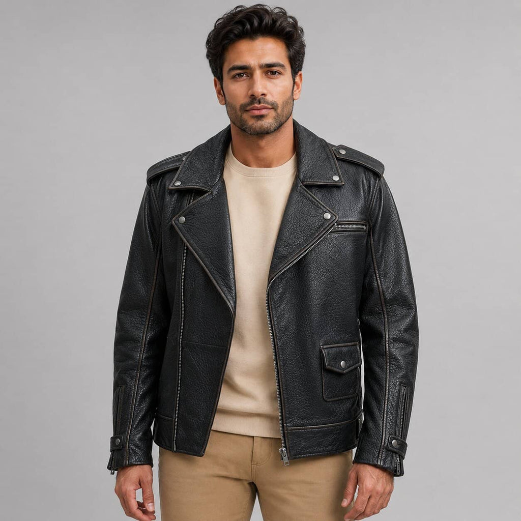 Men's Asymmetrical Leather Biker Jacket - Bold Modern Design