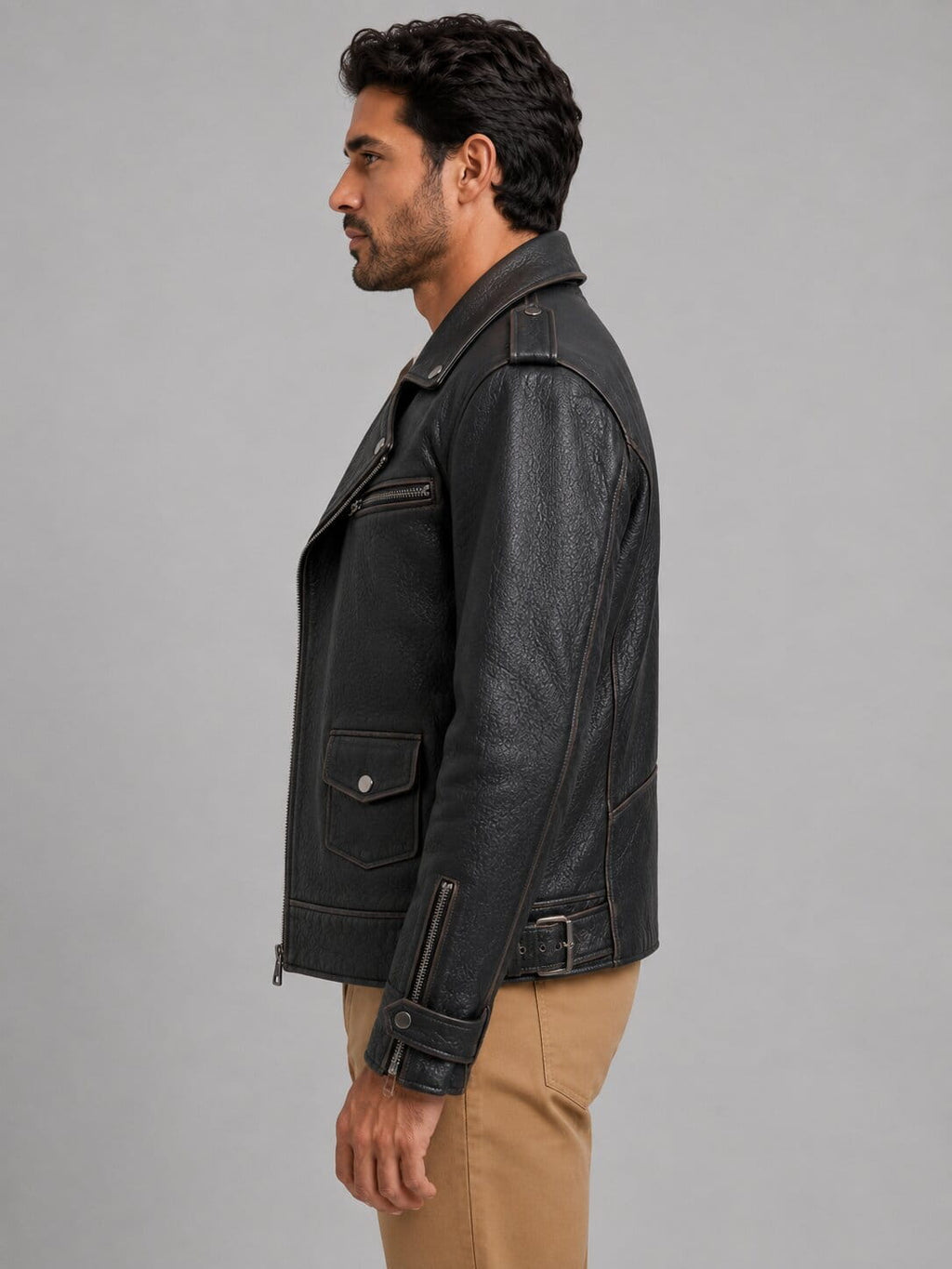 Men's Asymmetrical Leather Biker Jacket - Bold Modern Design