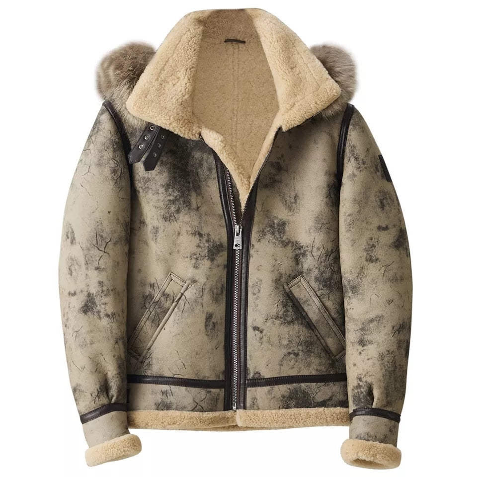 Men’s Aviator B3 Flight Bomber Removable Hood Premium Shearling Jacket 2024