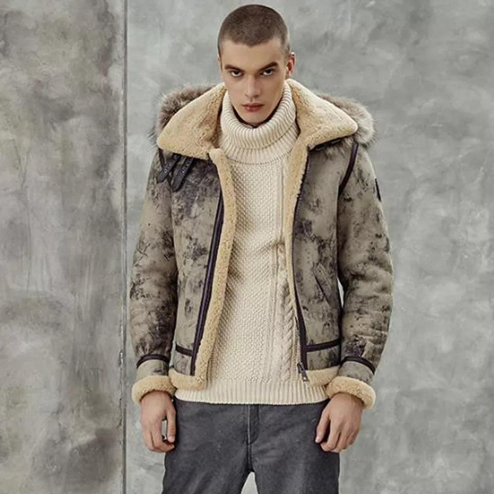 Men’s Aviator B3 Flight Bomber Removable Hood Premium Shearling Jacket 2024