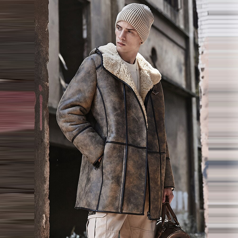 Men's Shearling Leather Jacket Coat Sheepskin Flying Fur Shearling Jacket Coat