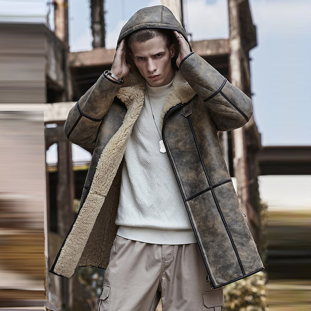 Men's Shearling Leather Jacket Coat Sheepskin Flying Fur Shearling Jacket Coat