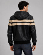 Men's Black & Beige Leather Hooded Jacket | Two-Tone Leather Jacket