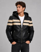 Men's Black & Beige Leather Hooded Jacket | Two-Tone Leather Jacket