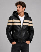 Men's Black & Beige Leather Hooded Jacket | Two-Tone Leather Jacket