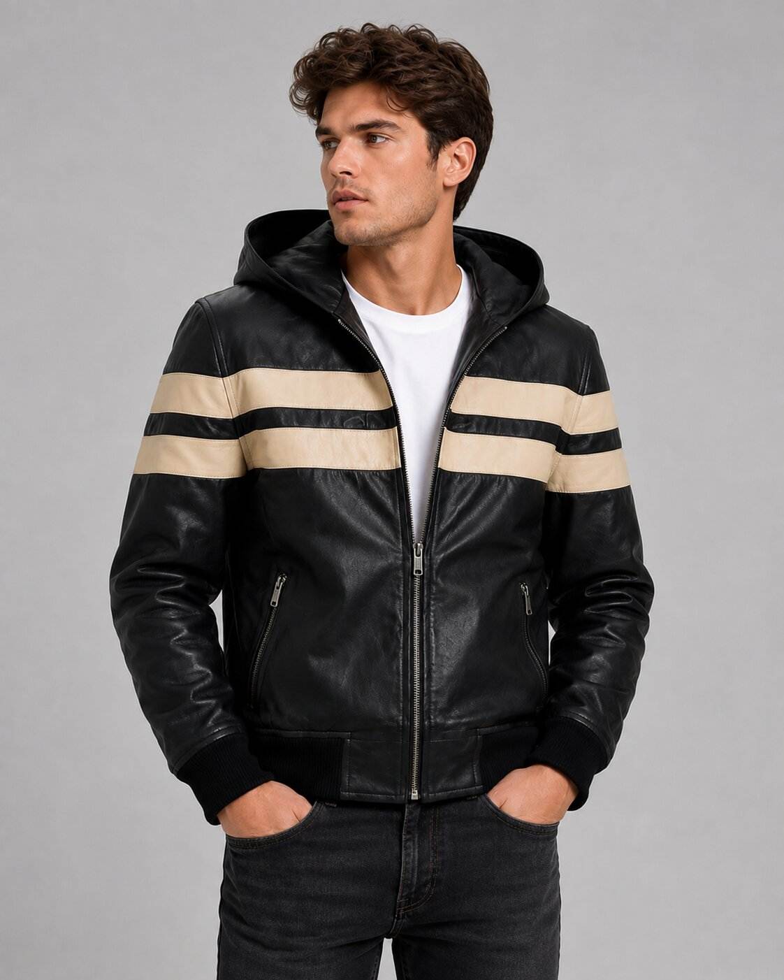 Men's Black & Beige Leather Hooded Jacket | Two-Tone Leather Jacket