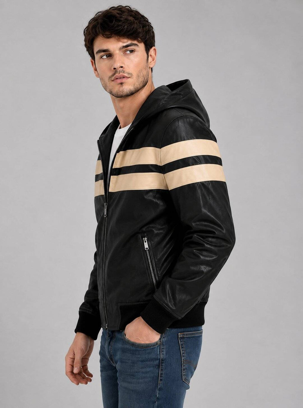 Men's Black & Beige Leather Hooded Jacket | Two-Tone Leather Jacket