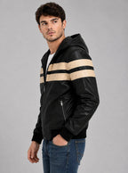 Men's Black & Beige Leather Hooded Jacket | Two-Tone Leather Jacket