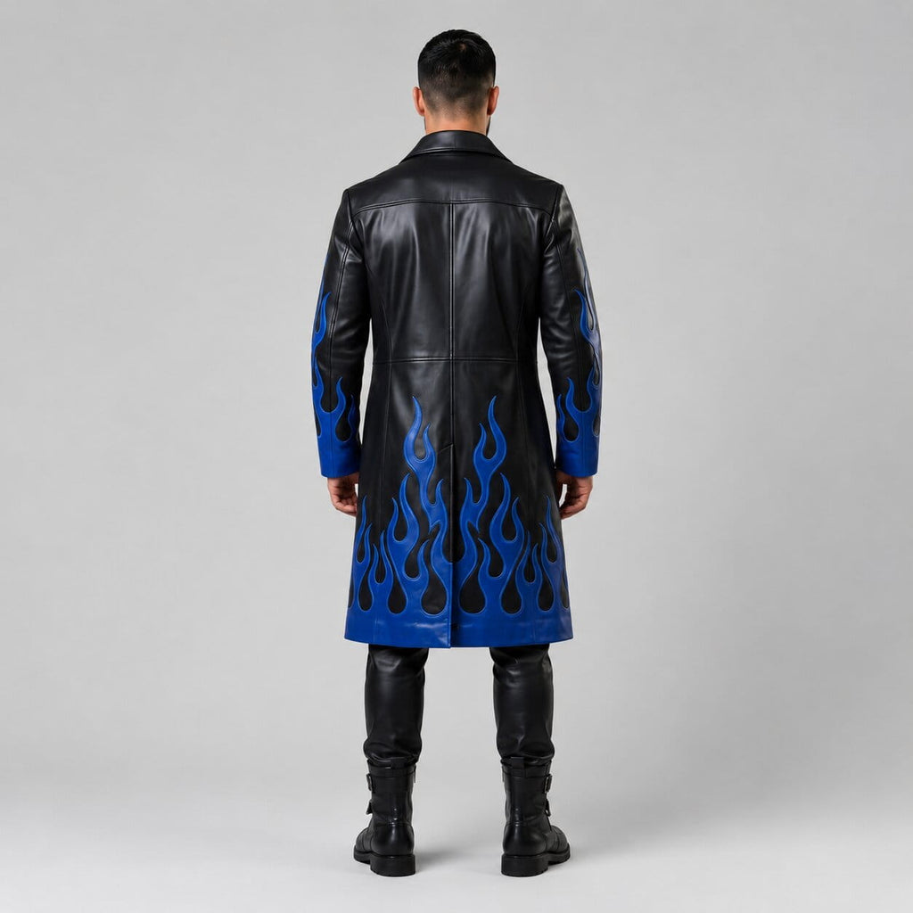 Men's Black Genuine Leather Gothic Trench Coat With Blue Flame Detail