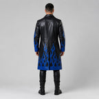 Men's Black Genuine Leather Gothic Trench Coat With Blue Flame Detail