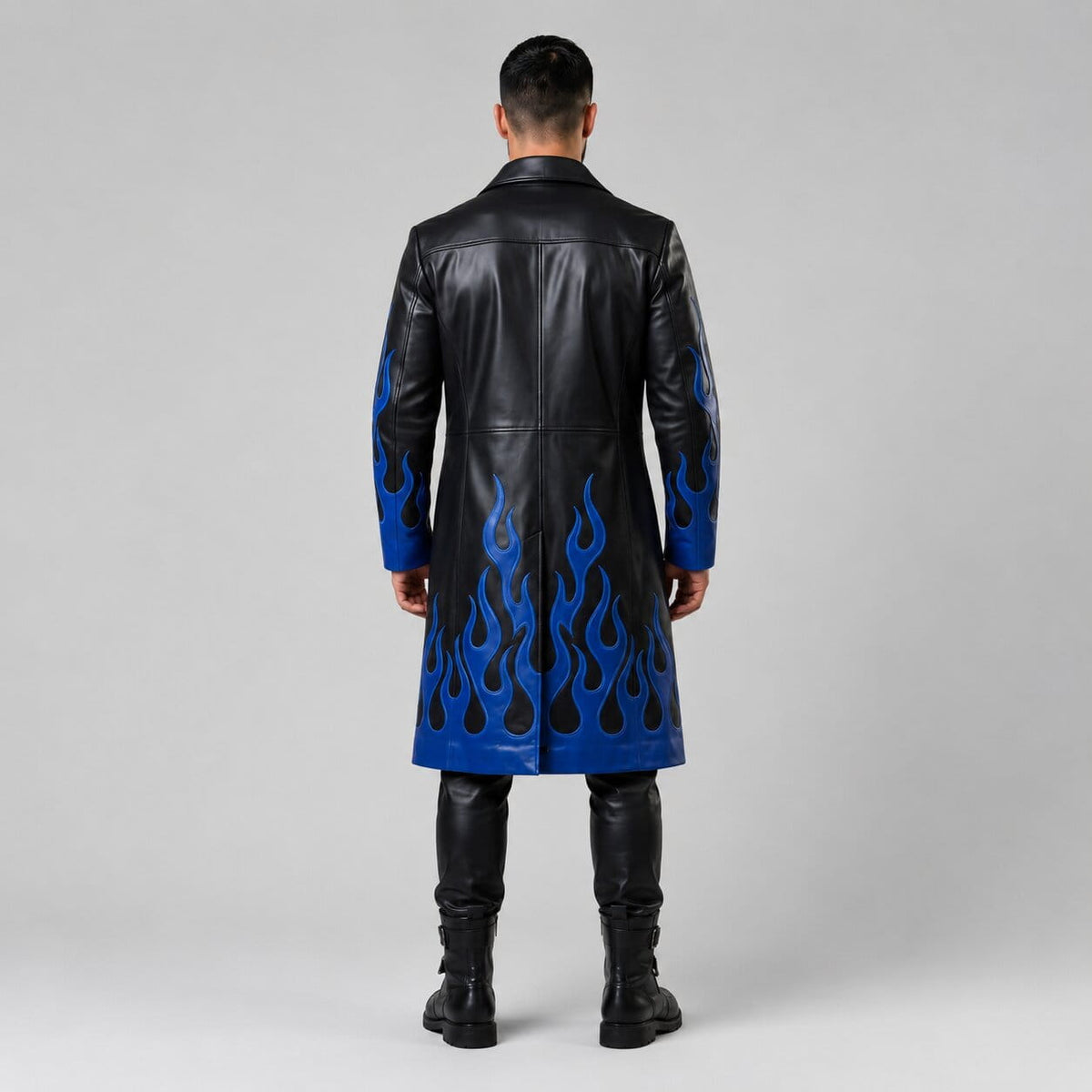 Men's Black Genuine Leather Gothic Trench Coat With Blue Flame Detail