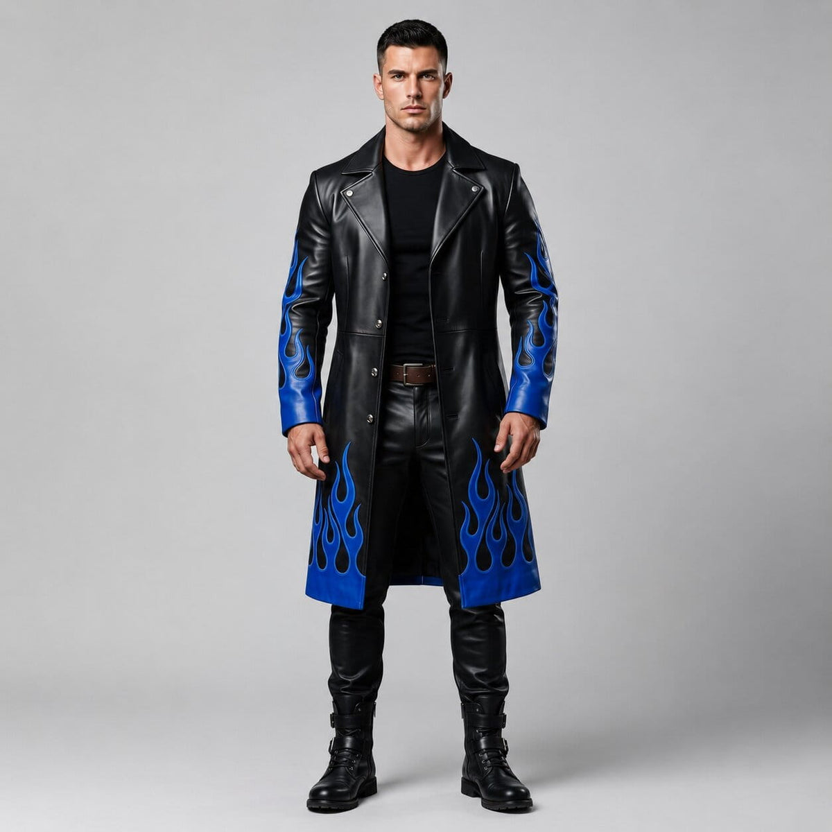 Men's Black Genuine Leather Gothic Trench Coat With Blue Flame Detail