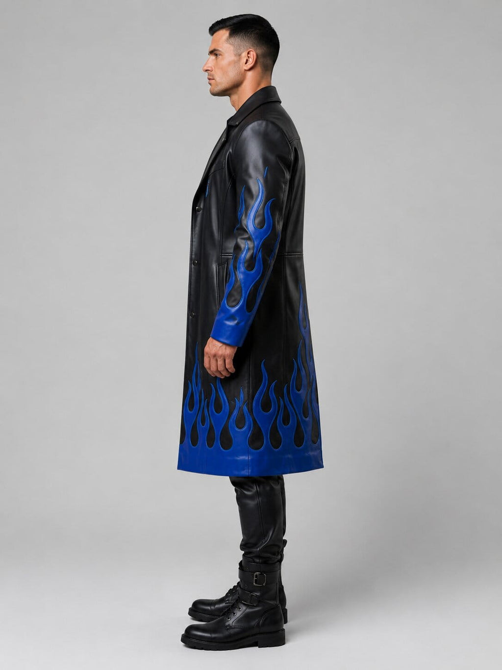 Men's Black Genuine Leather Gothic Trench Coat With Blue Flame Detail
