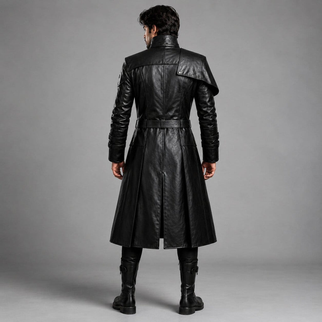 Men's Black Genuine Leather Trench Coat with Victorian Gothic Belted Steampunk Style