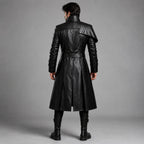 Men's Black Genuine Leather Trench Coat with Victorian Gothic Belted Steampunk Style