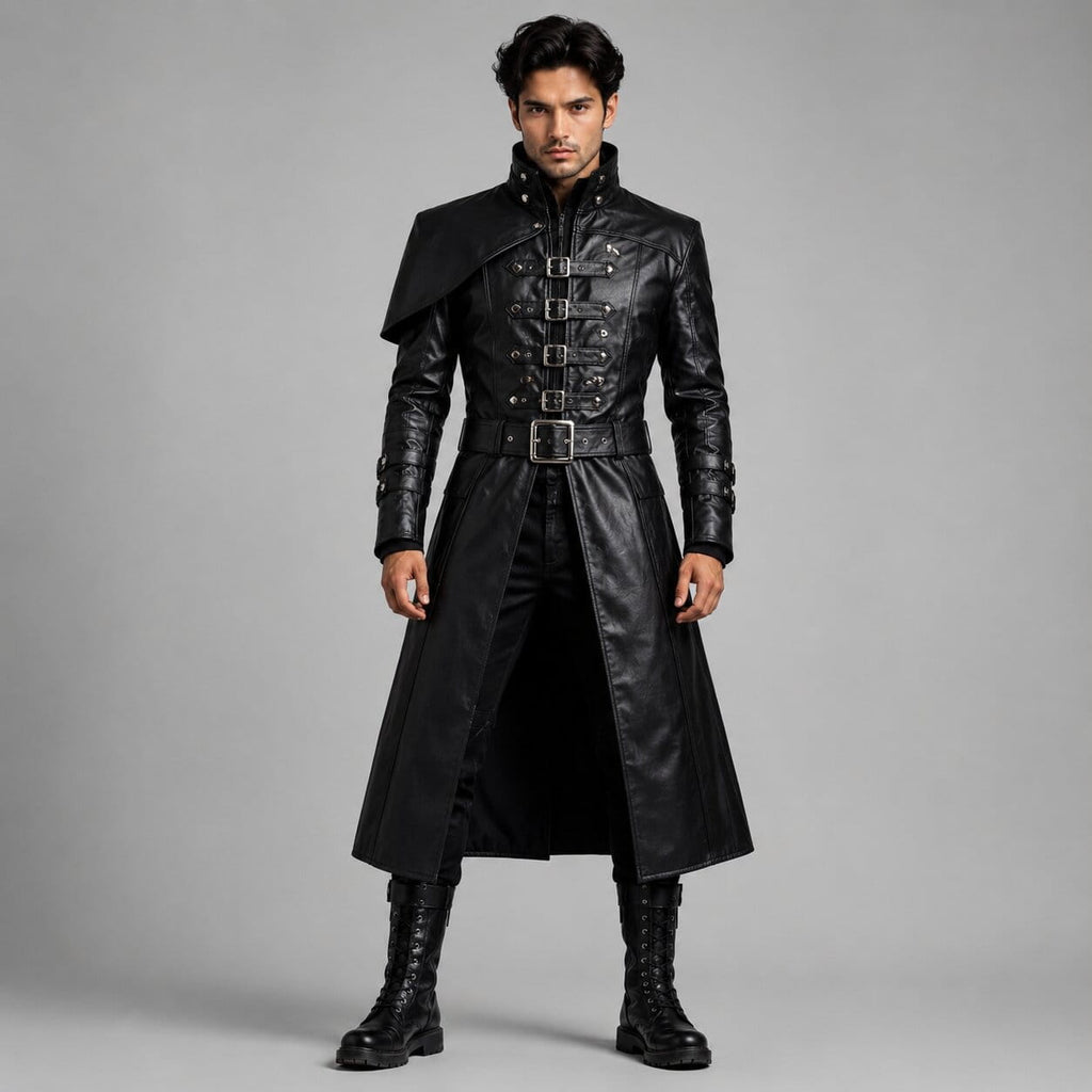 Men's Black Genuine Leather Trench Coat with Victorian Gothic Belted Steampunk Style