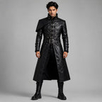 Men's Black Genuine Leather Trench Coat with Victorian Gothic Belted Steampunk Style