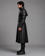 Men's Black Genuine Leather Trench Coat with Victorian Gothic Belted Steampunk Style