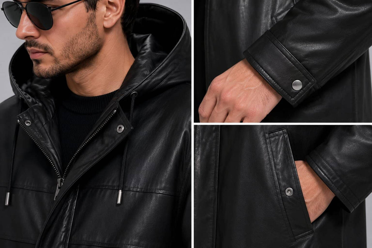 Men's Black Mid-Length Leather Coat with Hood - Stylish & Versatile