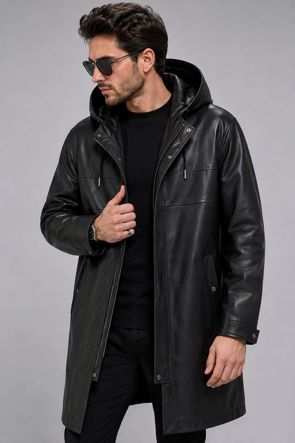 Men's Black Mid-Length Leather Coat with Hood - Stylish & Versatile