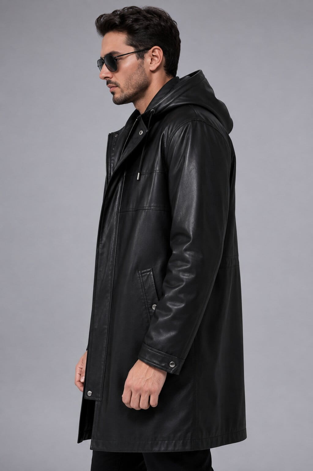 Men's Black Mid-Length Leather Coat with Hood - Stylish & Versatile