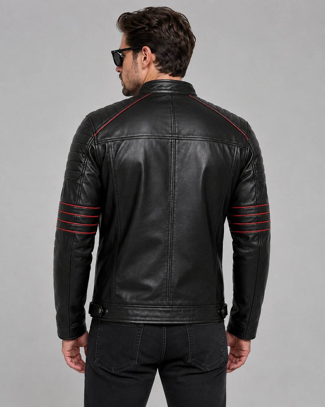 Men's Black Leather Biker Jacket with Red Accents | Motorcycle Style